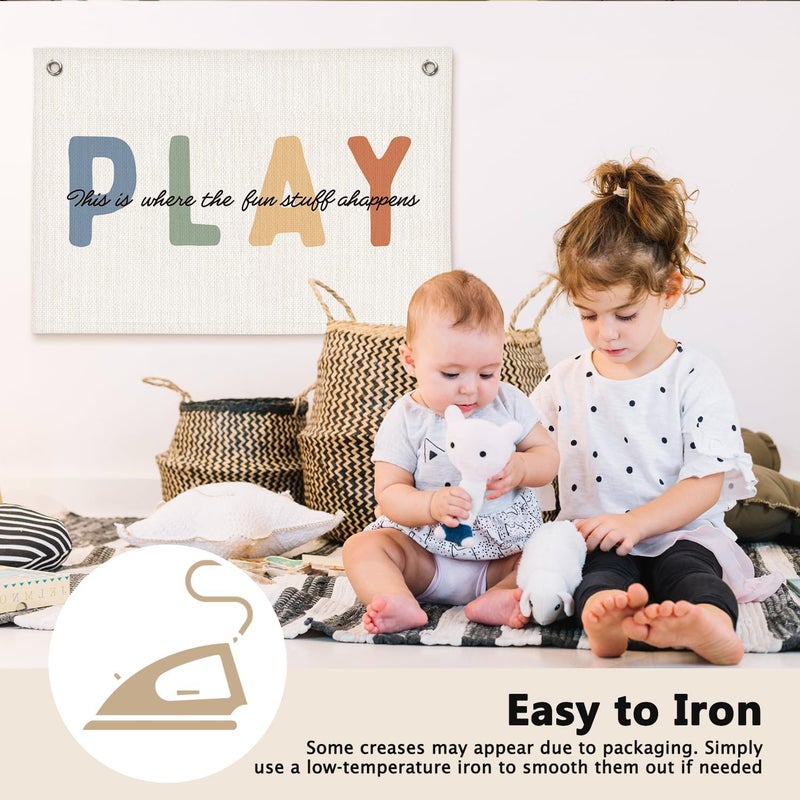 ETVISO Boho Neutral Play Kids Room Decor - Linen Banner Wall Hanging Canvas Banner Flag Decor for Kids Nursery Toddler Playroom Bedroom - Image 4